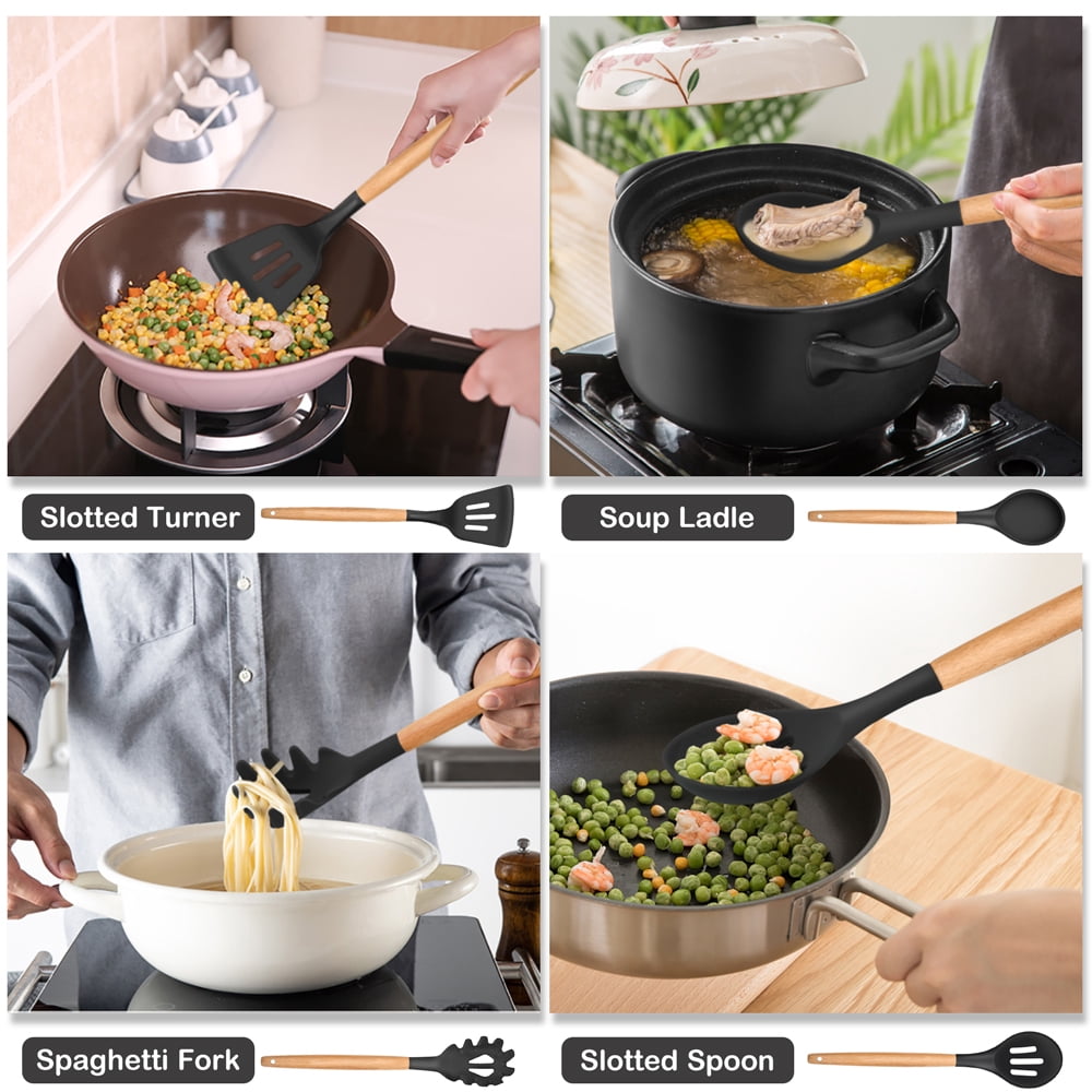 12-Piece Silicone Kitchen Cooking Utensils Set with Holder, Wooden Handle Utensils for Cooking, Kitchen Tools Include Spatula Turner Spoons - Image 3