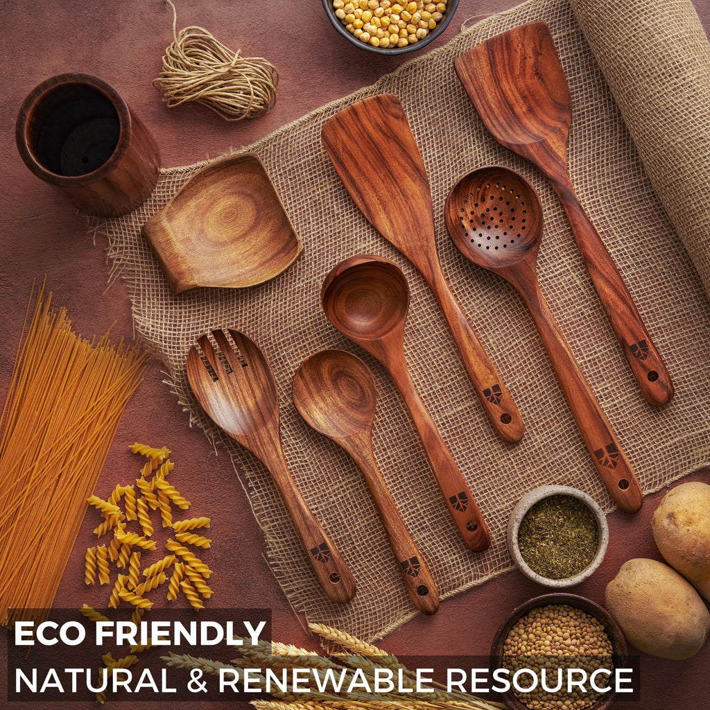 Wooden Utensils for Cooking, 8 piece Set with Holder, Perfect for Nonstick - Image 6
