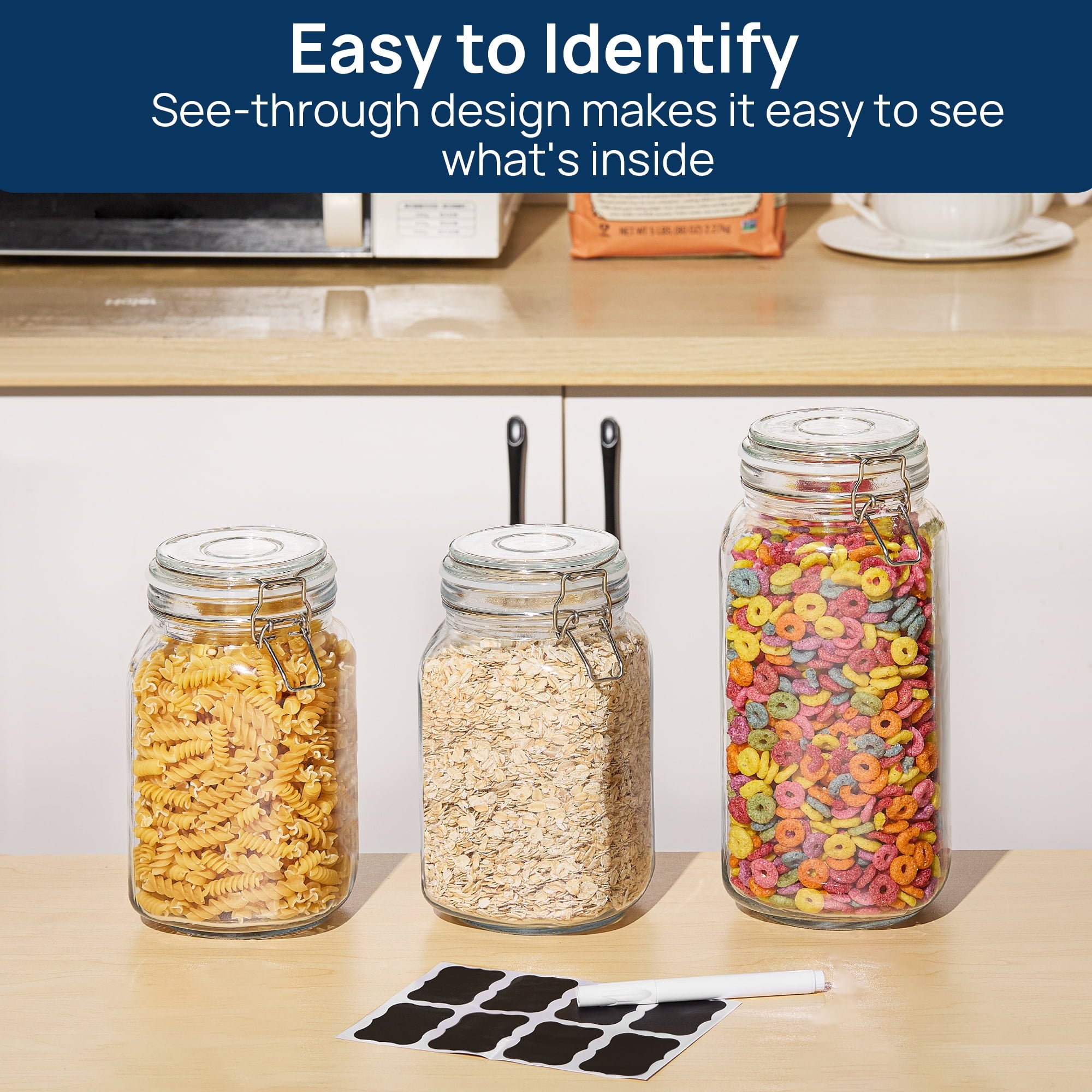 3 PCS Airtight Glass Jars with Lids, 3 PCS Food Storage Canister, Square Mason Jar Containers, 78oz*1+50oz*2 - Image 5