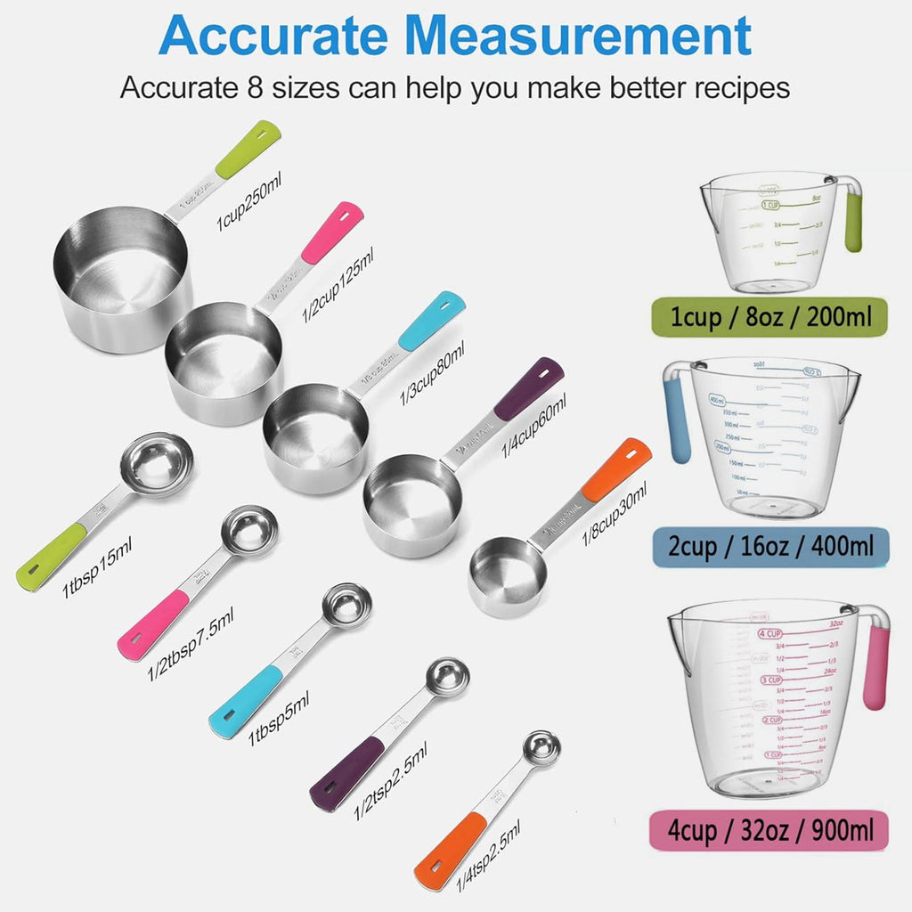Square 14-Piece Measuring Cups and Spoons Set, Nesting Stainless Steel Measuring Cups Spoons with Plastic Measuring Cup for Dry and Liquid I - Image 4