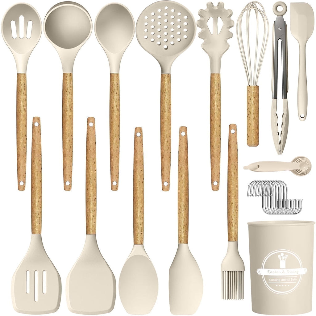 29 Pcs Silicone Kitchen Utensil Set, Cooking Utensils Set with Wooden Handle, Food Grade Silicone Spatula Set, BPA-Fr...
