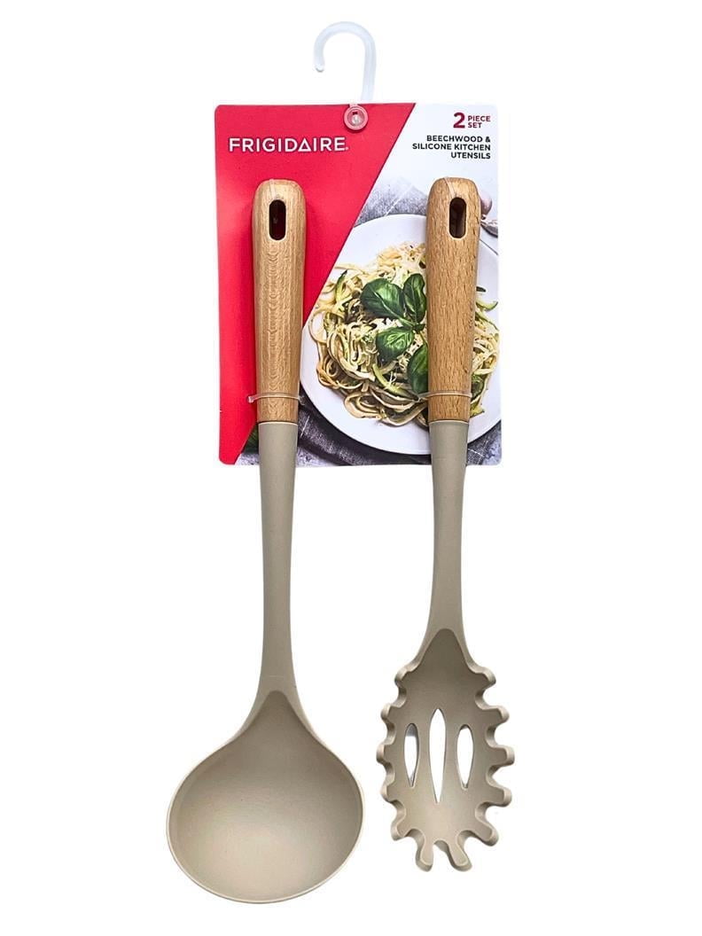 2PC Beechwood Silicone Utensil Set, Large Soup Ladle, Large Pasta Fork, Heat-Resistant, Kitchen Cooking Utensils with Wooden Handle