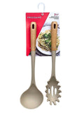 2PC Beechwood Silicone Utensil Set, Large Soup Ladle, Large Pasta Fork, Heat-Resistant, Kitchen Cooking Utensils with Wooden Handle