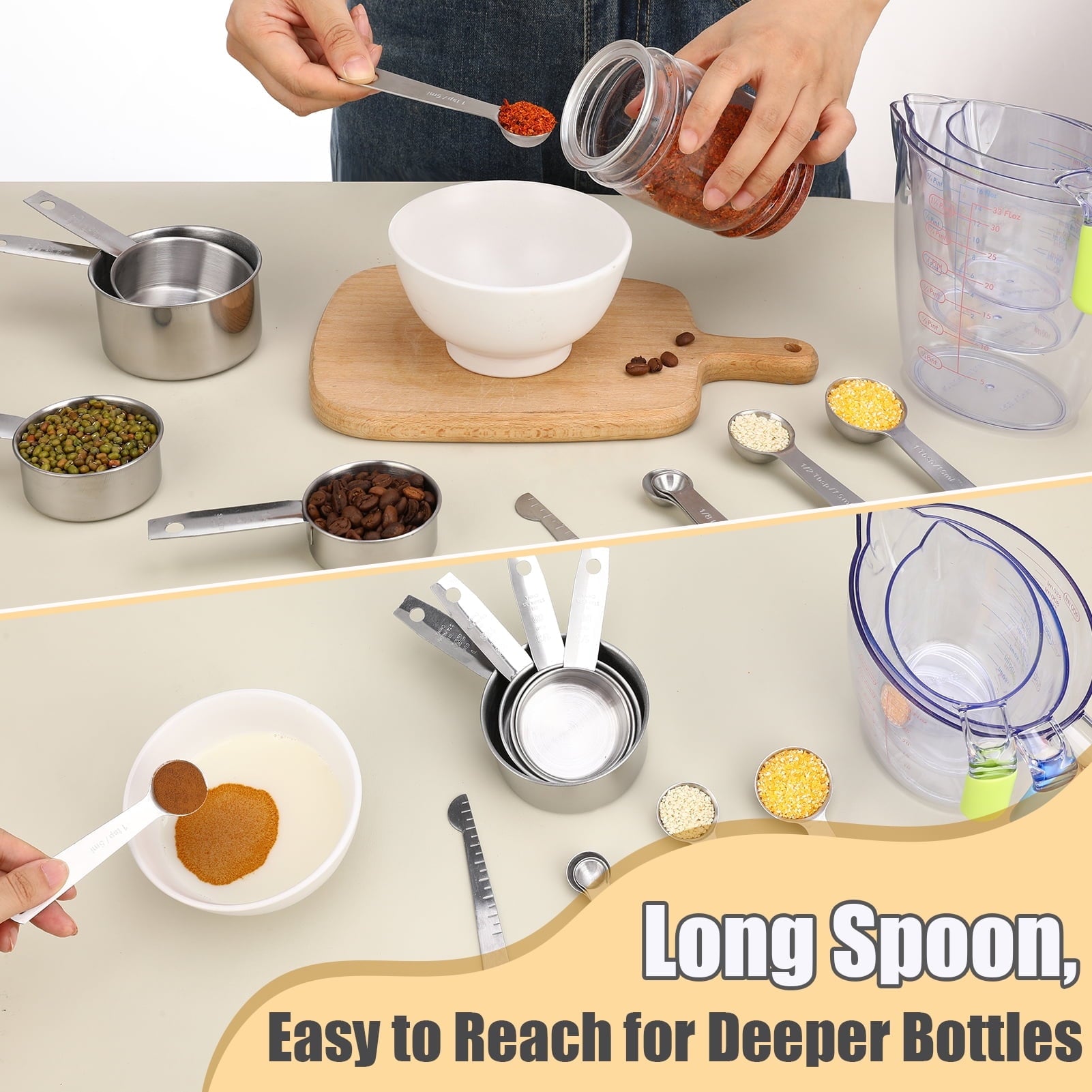 Square 14-Piece Measuring Cups and Spoons Set, Nesting Stainless Steel Measuring Cups Spoons with Plastic Measuring Cup for Dry and Liquid I - Image 3