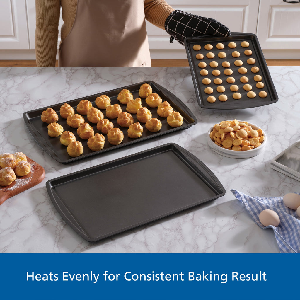 3pc Steel Nonstick Cookie Sheet Bakeware Set, 11" x 17", 10" x 15", 9" x 13", Gray - Image 3