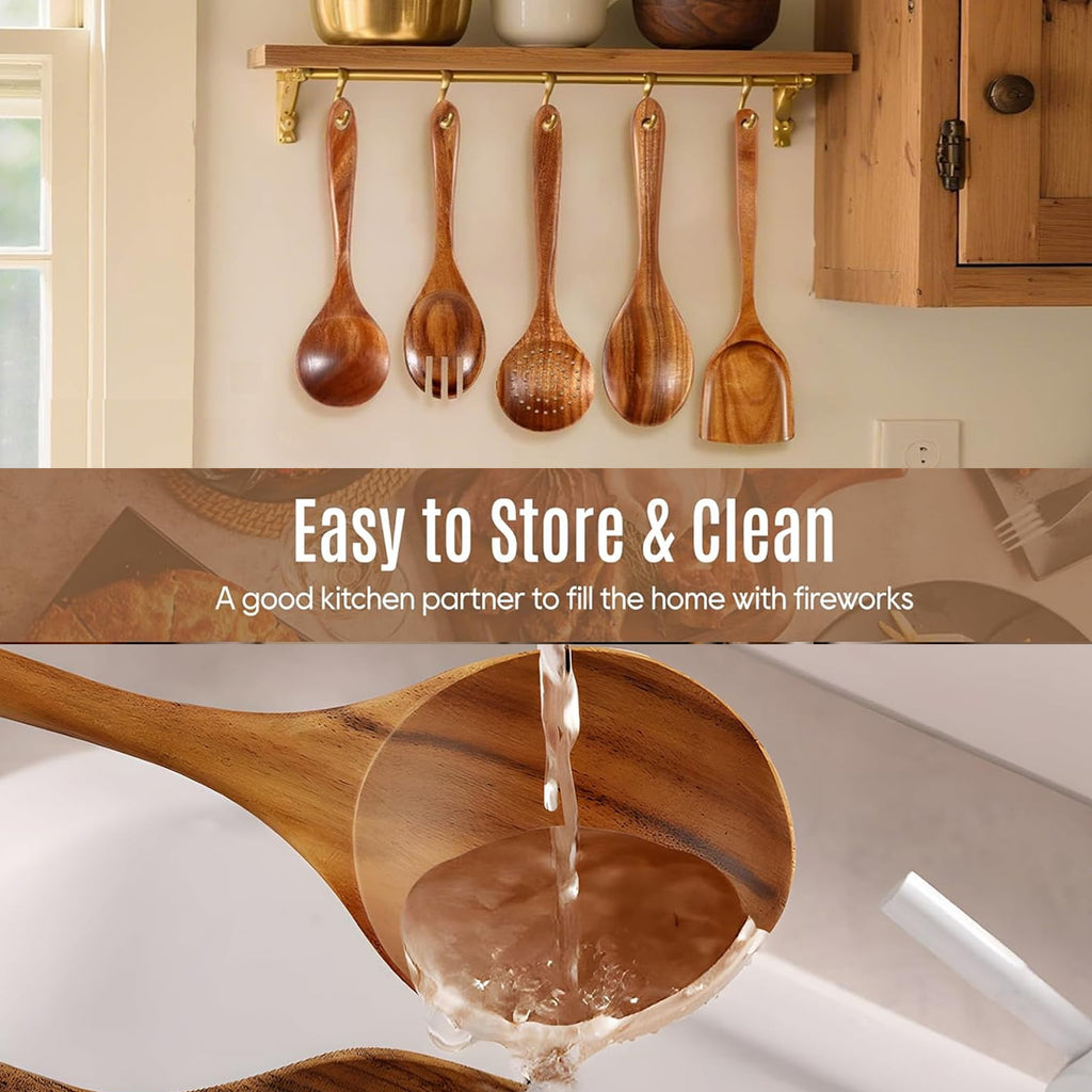 Wooden Spoons for Cooking, 8 Pcs Natural Teak Wooden Utensils Set, Non-Stick & Heat Resistant Durable Wood Kitchen Ut... - Image 6