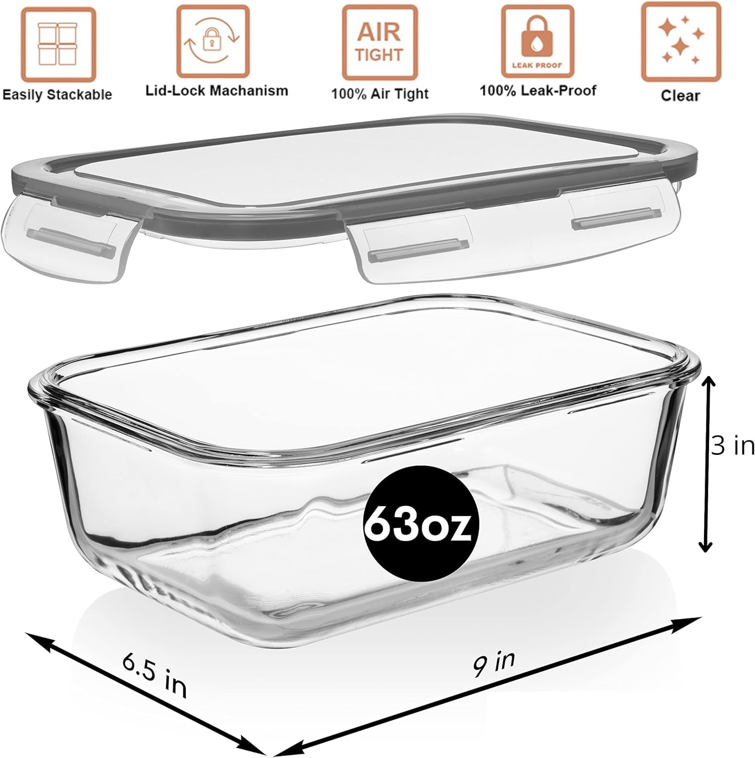 Razab 1860ml Large Glass Storage Containers with Lids Set of 2 , Leakproof Glass Meal Prep Containers, Freezer and Oven Safe - Image 6