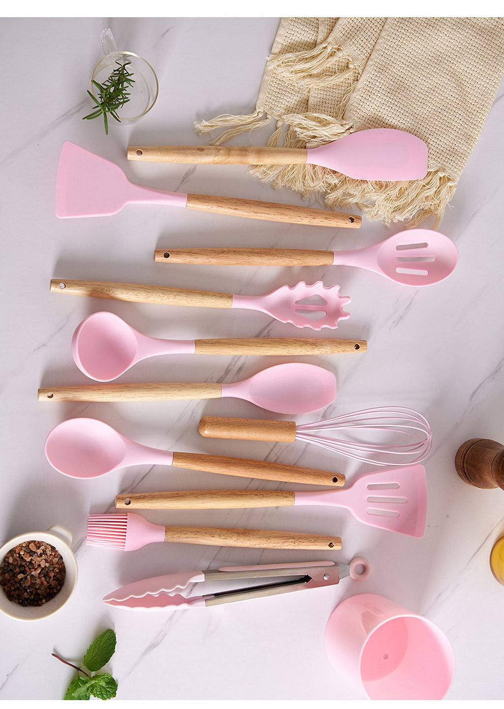 12 Piece Silicone Cooking Utensils Set Non-Stick Cutlery Set Food Grade Silicone Kitchenware Wooden Handle Baking Too... - Image 3