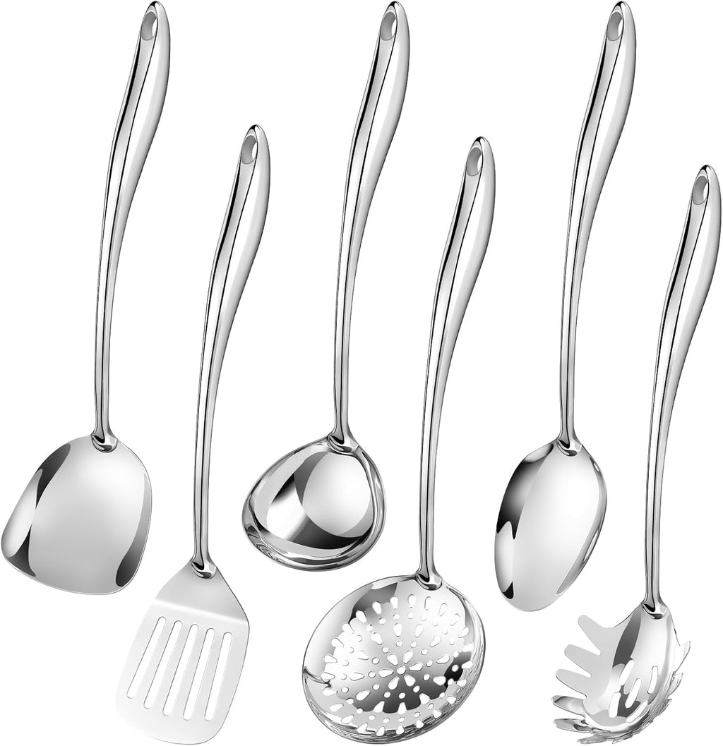 304 Stainless Steel Cooking Utensils Set,6 Pcs Long Metal Kitchen Utensils Set with Spatula, Solid Spoon, Ladle, Skim...