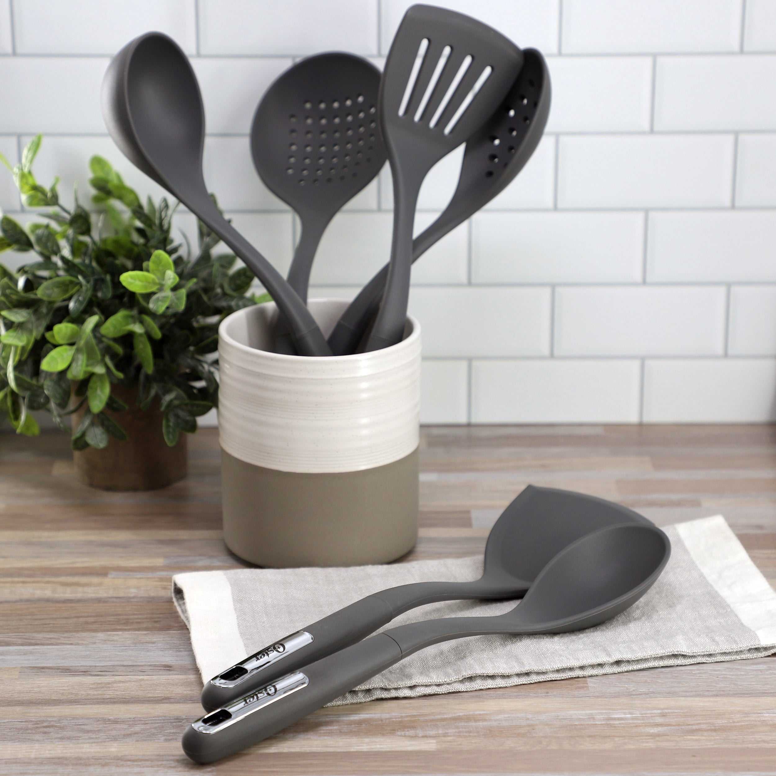 Oster Ridgecrest 2 Piece Silicone Kitchen Tool Serving Spoon and Turner Set in Gray - Image 5