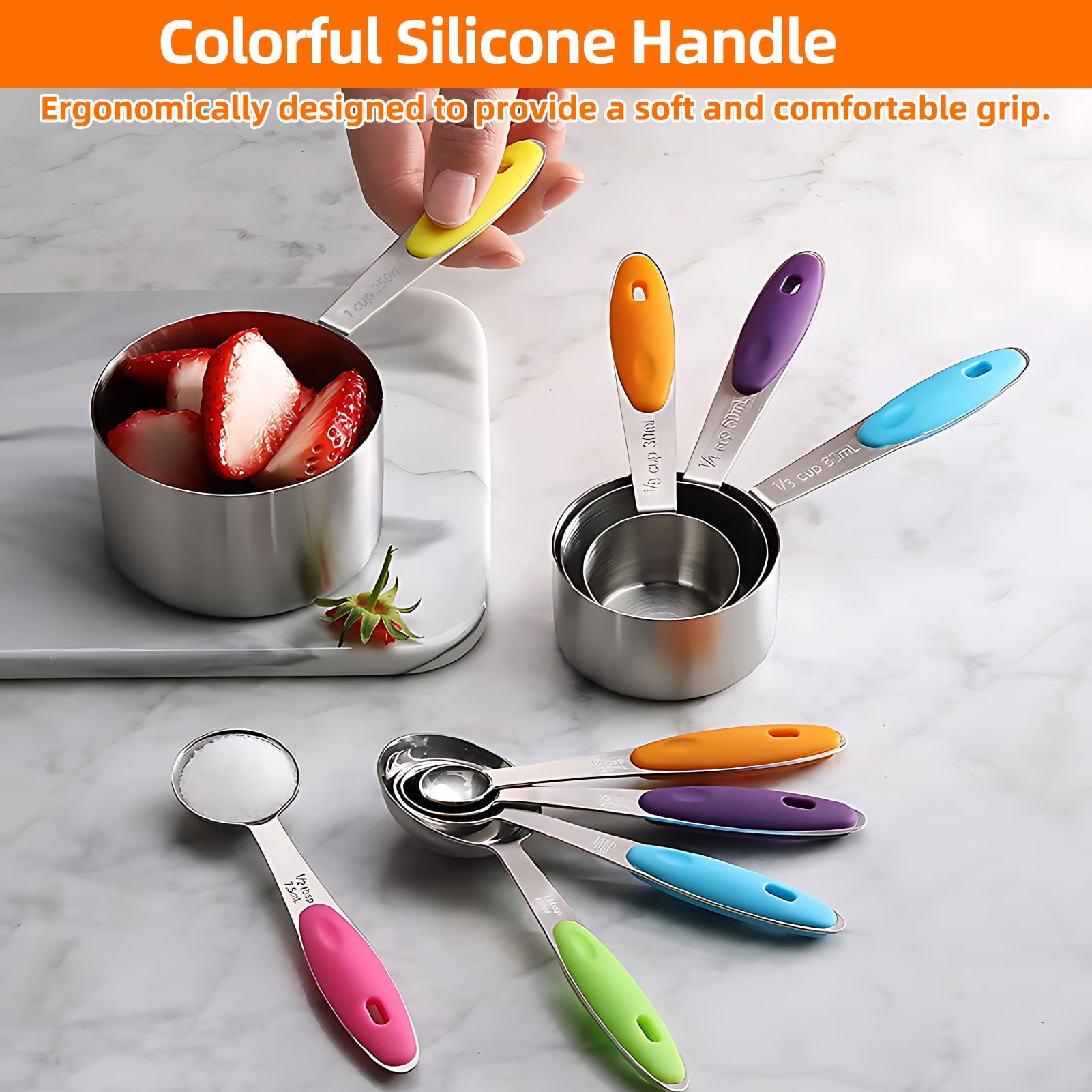 Measuring Cups and Spoons Set of 15, Kitchen Measuring Tool with Colored Silicone Handle, Including 5 Nesting Measuring Cups, 5 Spoons, 5 Mi - Image 2
