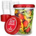 32oz Plastic Containers with Red Twist Top Lids (6 Pack) Quart Freezer Containers for Leftovers, Airtight Reusable So...