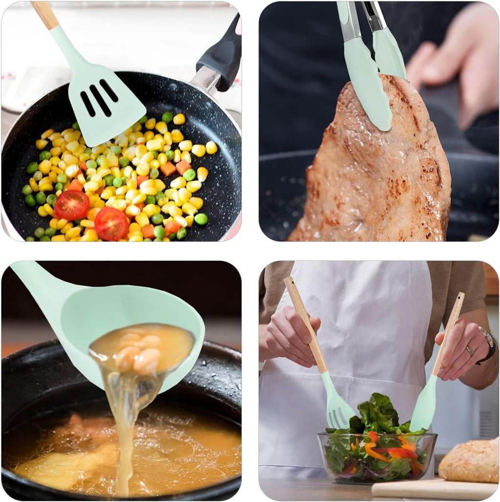 Silicone Cooking Utensils Kitchen Utensil Set, 12 PCS Wooden Handle Free Silicone Spoon Spatula Turner Tongs Whisk,Gr... - Image 6