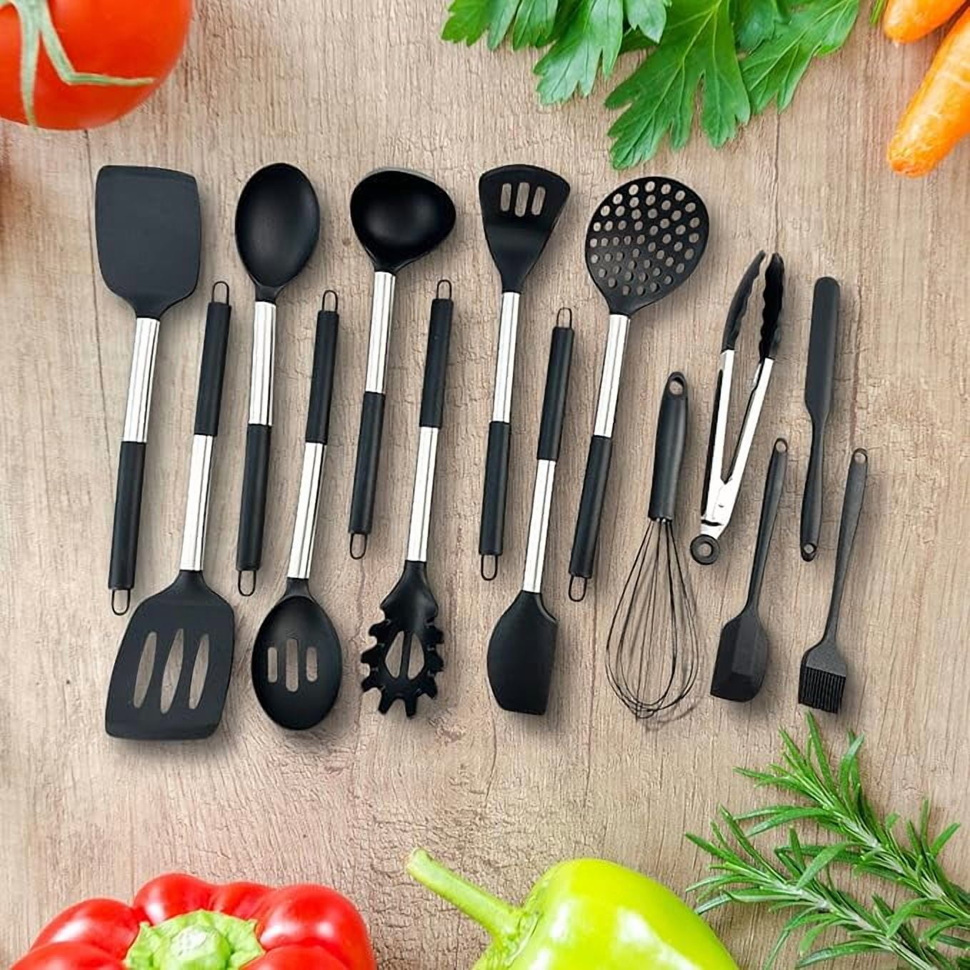 15 Silicone Kitchen Utensil Set with Holder | Non Slip Stainless Steel Cooking Tool |Spatulas, Spoon, Ladle, Pasta Se... - Image 3