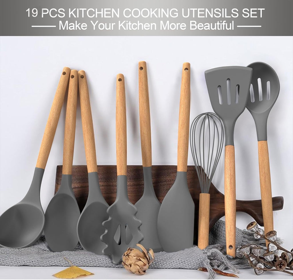 Silicone Cooking Utensils Set, 19Pcs Non-Stick Heat Resistant Kitchen Utensils Spatula Set with Stainless Steel Chef's Knife Set, Cooking, M - Image 5