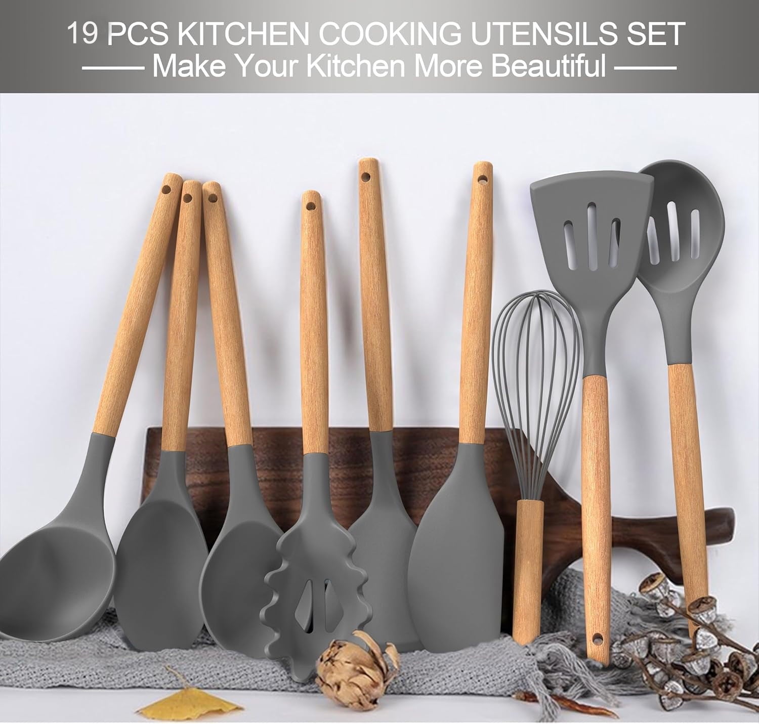 Silicone Cooking Utensils Set, 19Pcs Non-Stick Heat Resistant Kitchen Utensils Spatula Set with Stainless Steel Chef's Knife Set, Cooking, M - Image 5