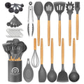 34PCS Silicone Cooking Utensils Set, 446°F Heat Resistant Wooden Handle Cooking Kitchen Utensils Spatula Set with Holder for Nonstick Cookwa