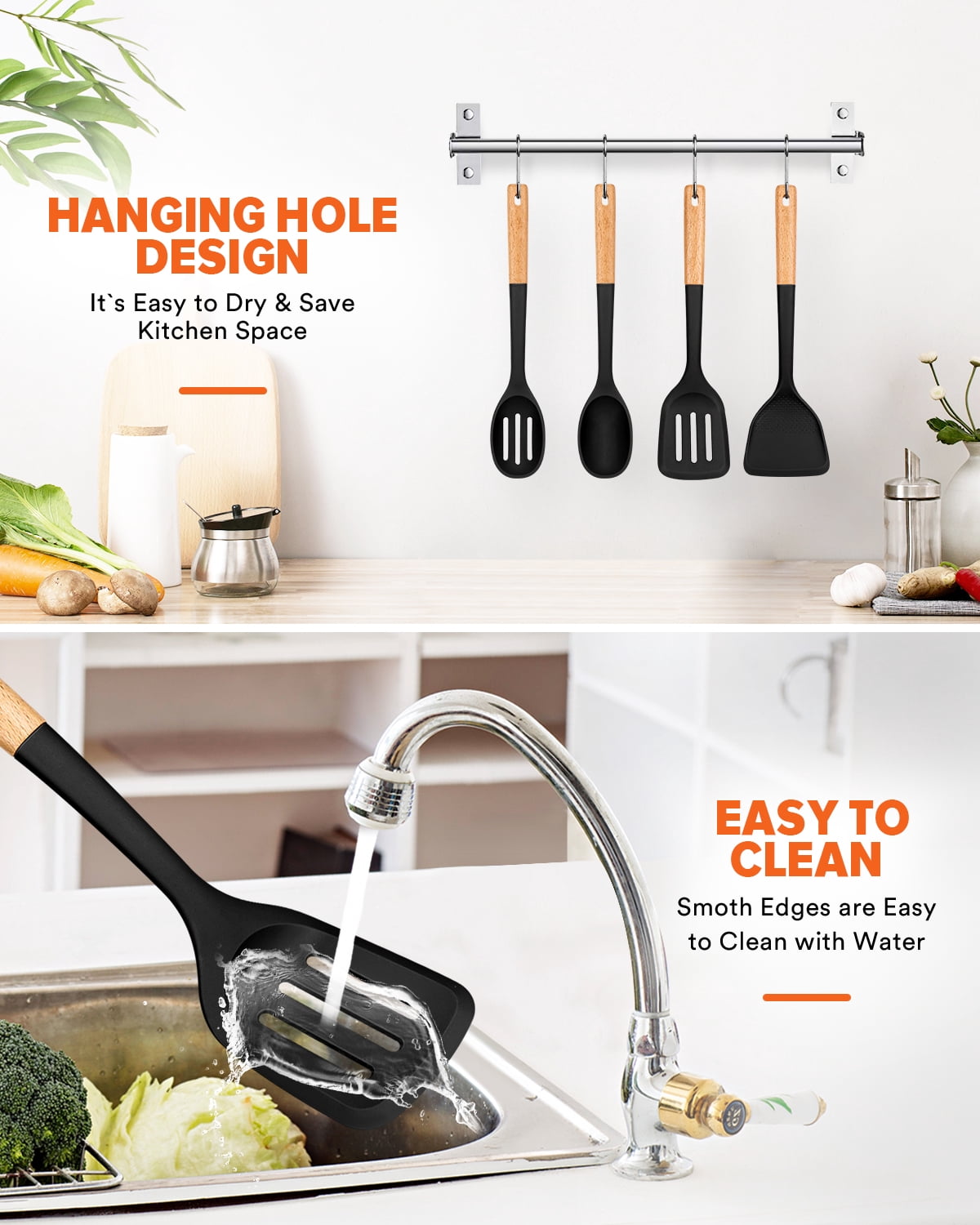 Badiano 4 Pack Wood Handle Silicone Kitchen Cooking Utensils Set for Nonstick Cookware Surface,Black - Image 3