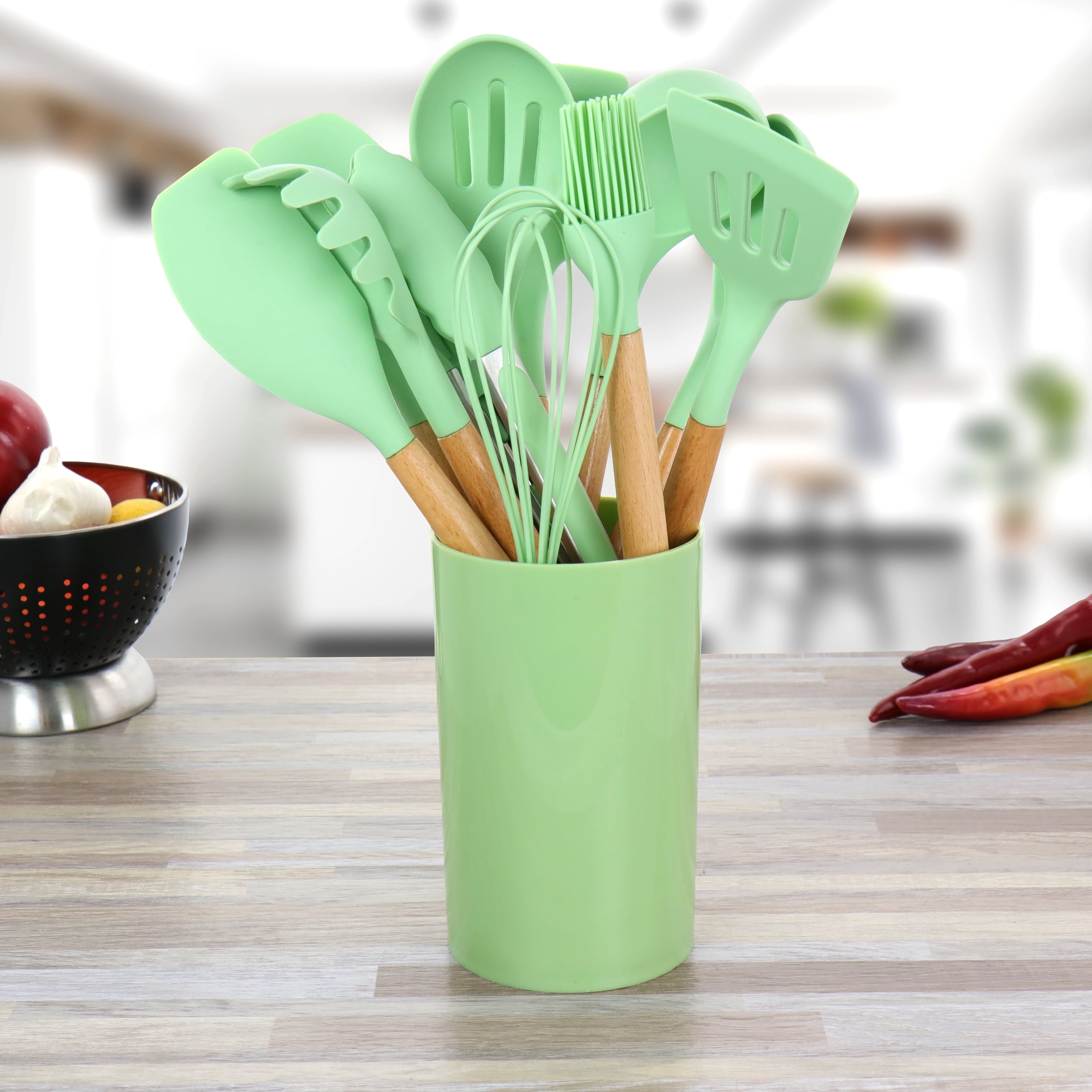 MegaChef Mint Green 12 Piece Silicone and Wood Cooking Utensils - Image 3