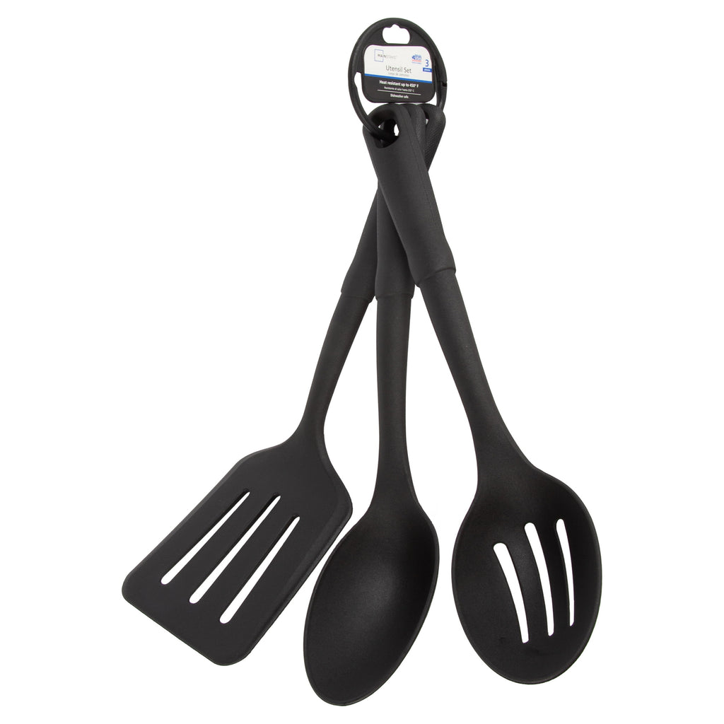 (4 pack) Mainstays 3-Piece Kitchen Utensil Set, Slotted Spatula, Slotted Spoon and Solid Spoon, Black, Nylon - Image 3