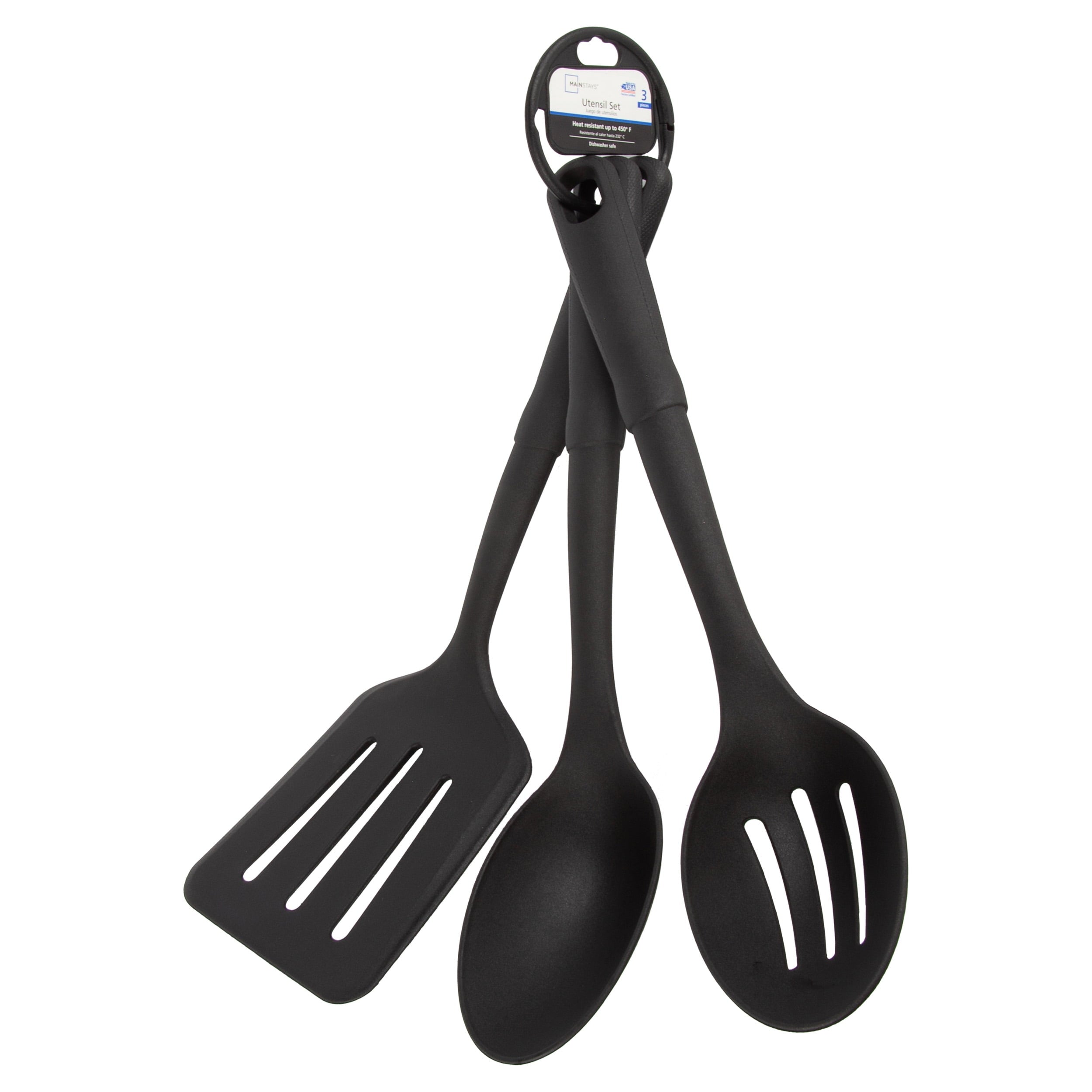 (4 pack) Mainstays 3-Piece Kitchen Utensil Set, Slotted Spatula, Slotted Spoon and Solid Spoon, Black, Nylon - Image 3
