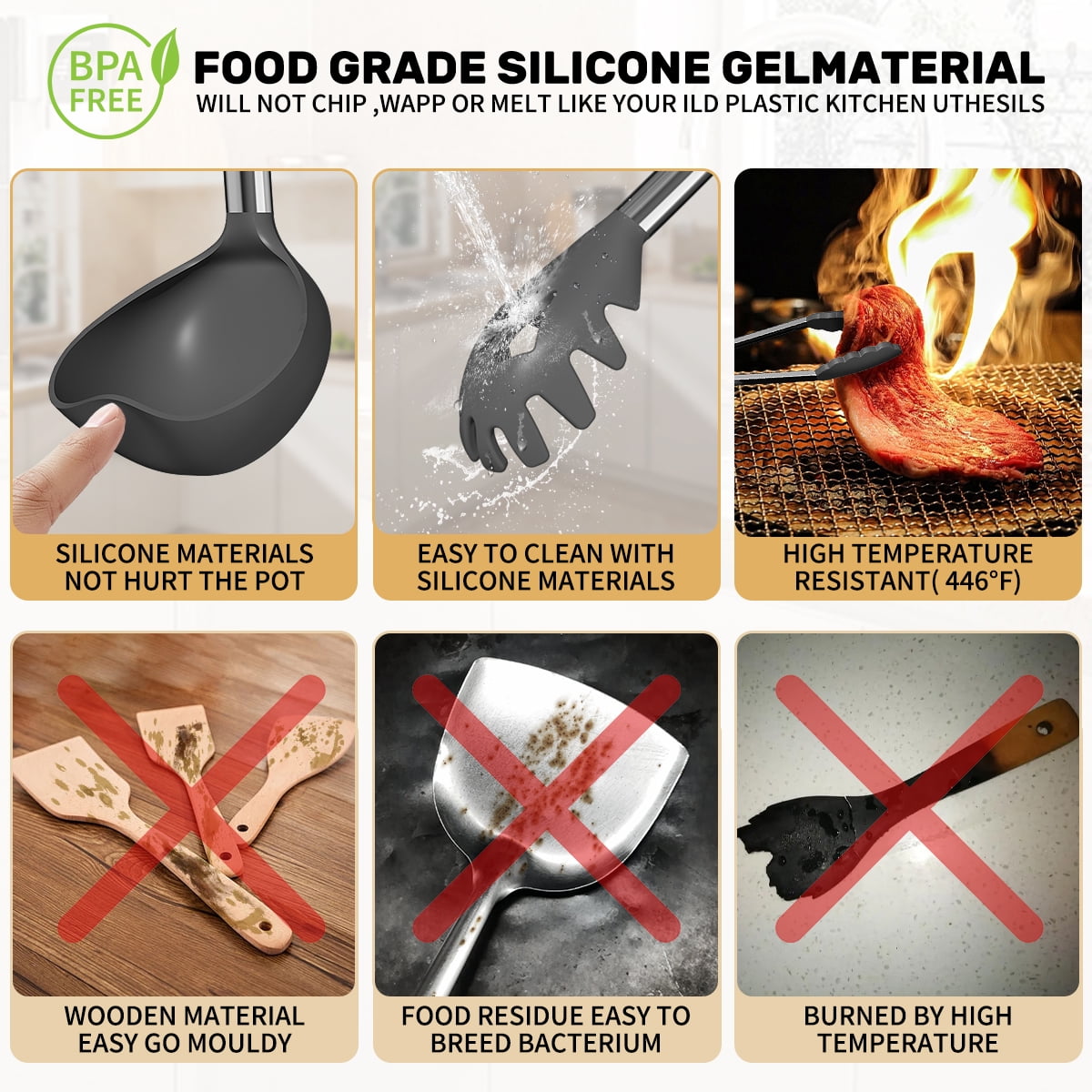 GPED Silicone Cooking Utensil Set, 30 Pcs Kitchen Utensils Set with Stainless Steel Handle, Food Grade Silicone Spatula Set, BPA-Free, Non-s - Image 6