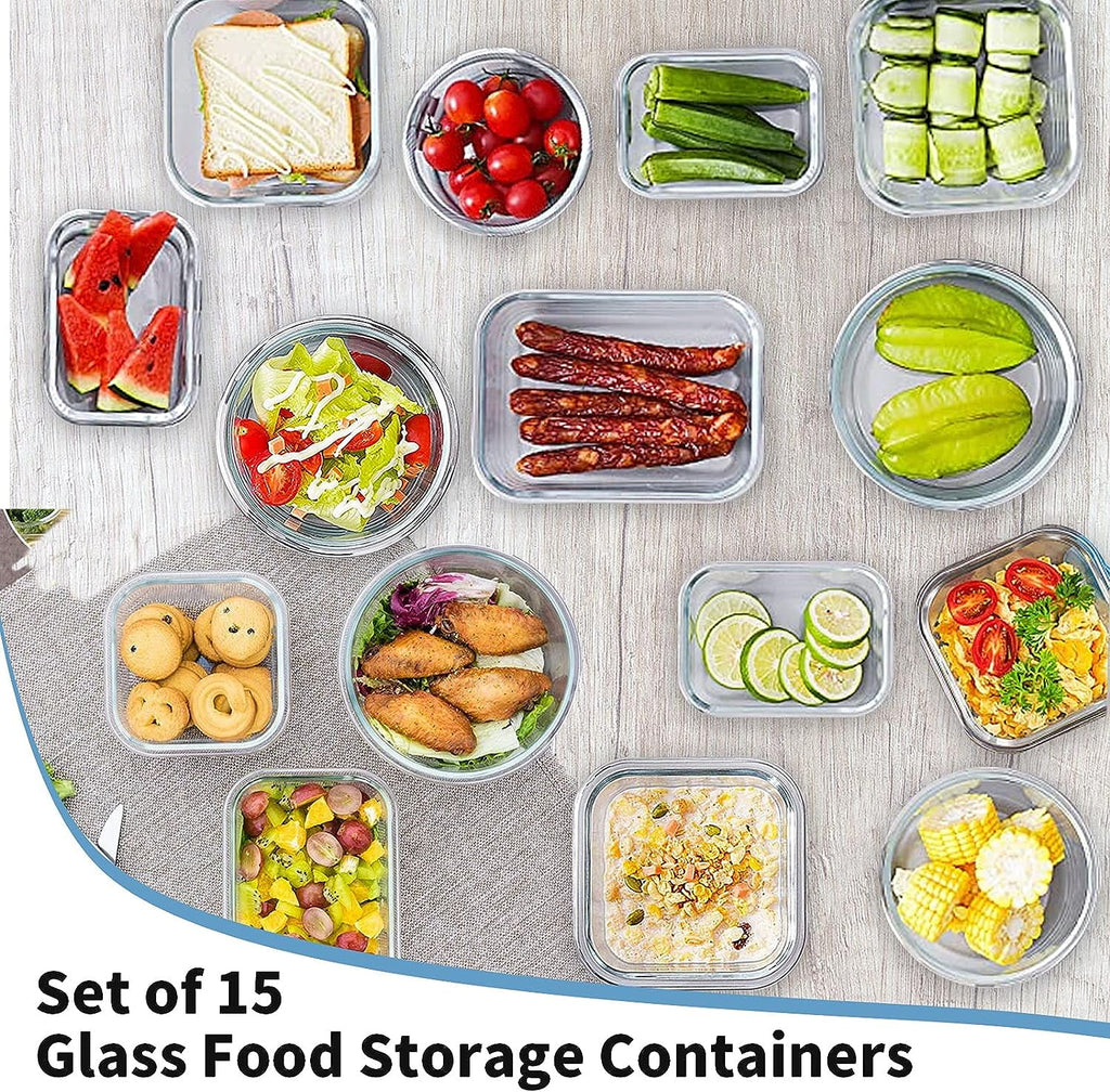 15 Glass Food Storage Container with Airtight Lids,Stackable Square Meal Prep Containers for Kitchen Freezer,Round Gl... - Image 4