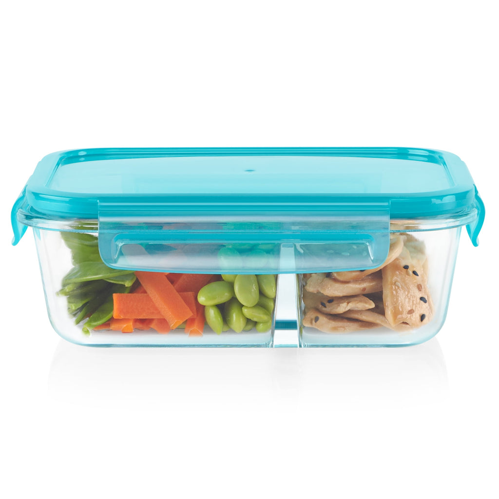 4-cup Divided Glass Food Storage Container with Turquoise Lid - Image 3
