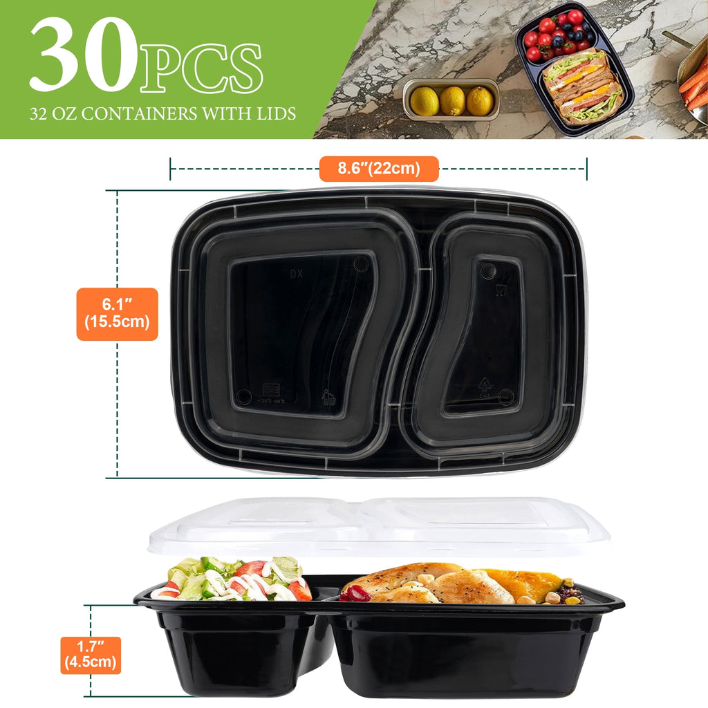 30 Pack 32 oz Meal Prep Containers Reusable, 2 Compartment Food Containers with Lids To Go Containers, Lunch-Microwav... - Image 2