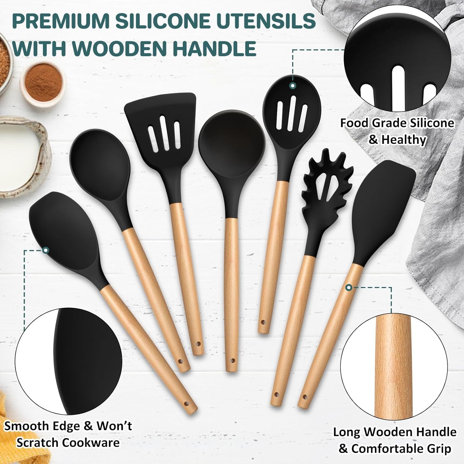 Set of 7, Silicone Kitchen Set with Wooden Handles, Heatproof Kitchen Tools for Cooking Turning Serving, Non-stick Co... - Image 3