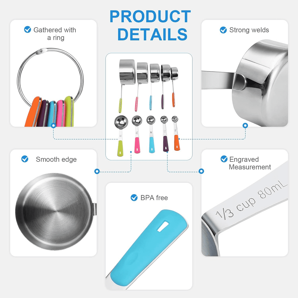 Stainless Steel Measuring Cups and Spoons Set of 15, 5 Stainless Steel Nesting Measuring Cups & 5 Spoons, 5 Mini Measuring Spoons Nesting Me - Image 2