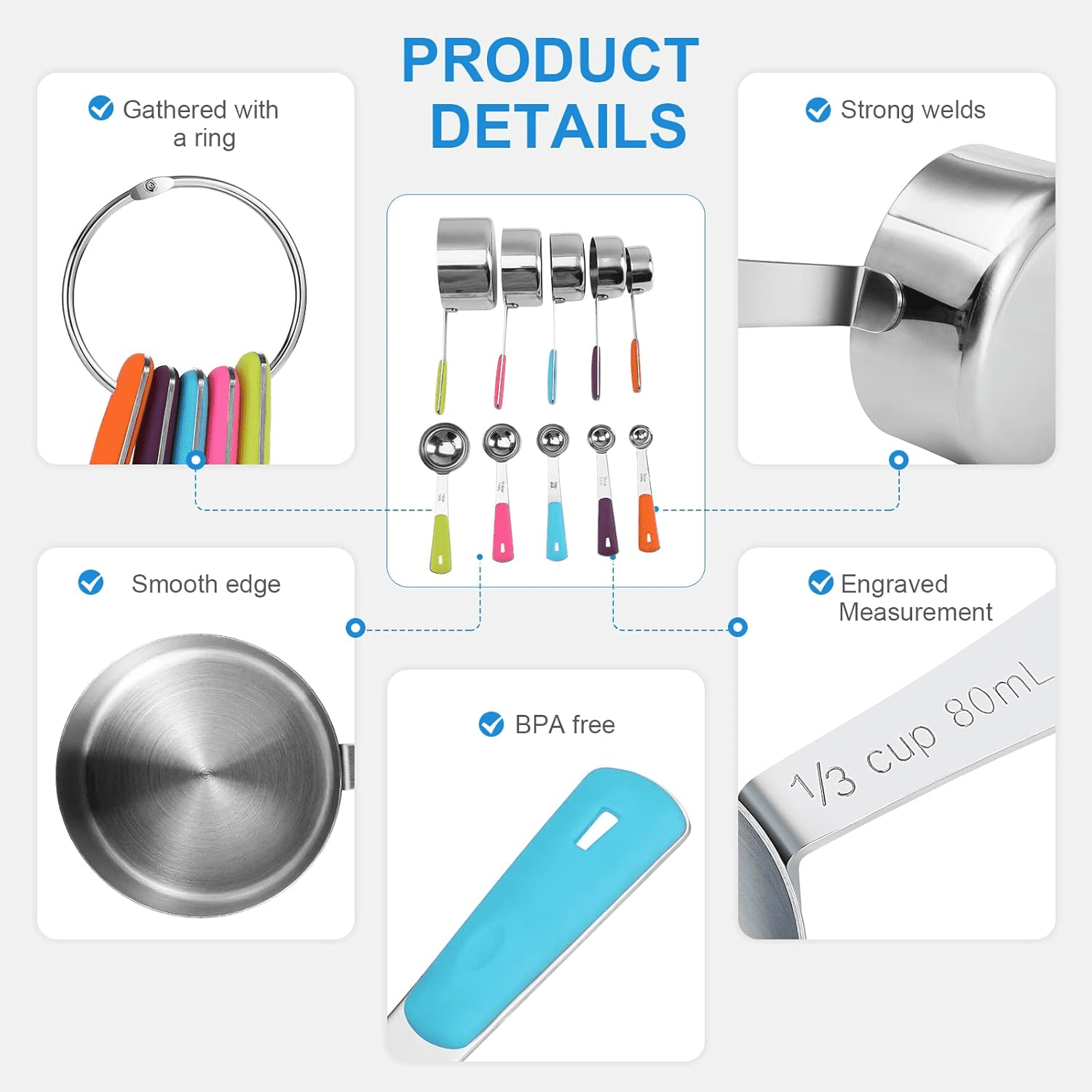 Stainless Steel Measuring Cups and Spoons Set of 15, 5 Stainless Steel Nesting Measuring Cups & 5 Spoons, 5 Mini Measuring Spoons Nesting Me - Image 2