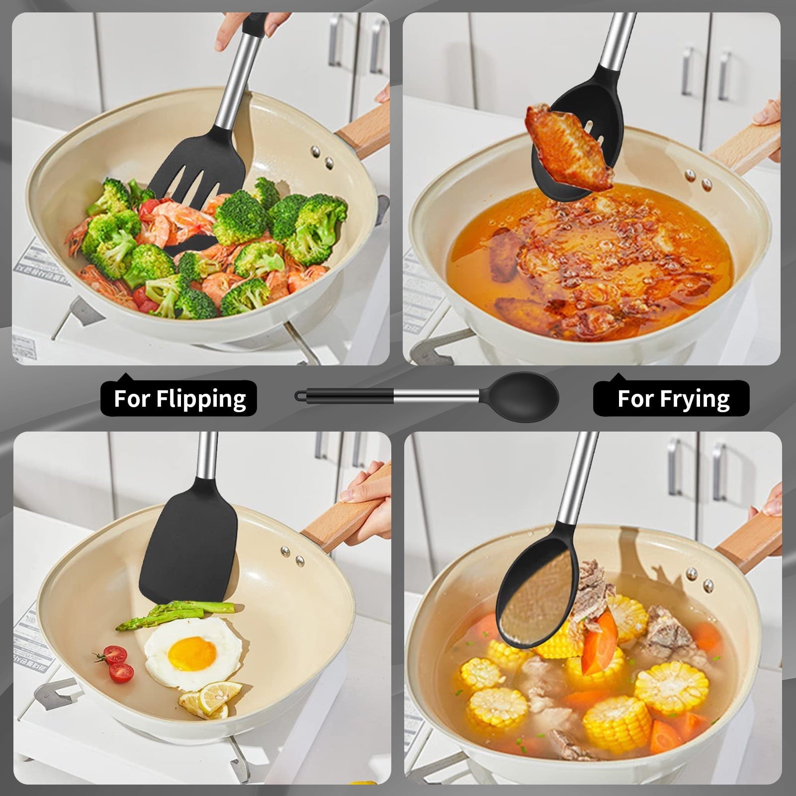 Silicone Cooking Spatulas and Spoons, 4 Pack Heat Resistant Silicone Cooking Utensils Set, Non-stick Large Kitchen Si... - Image 3
