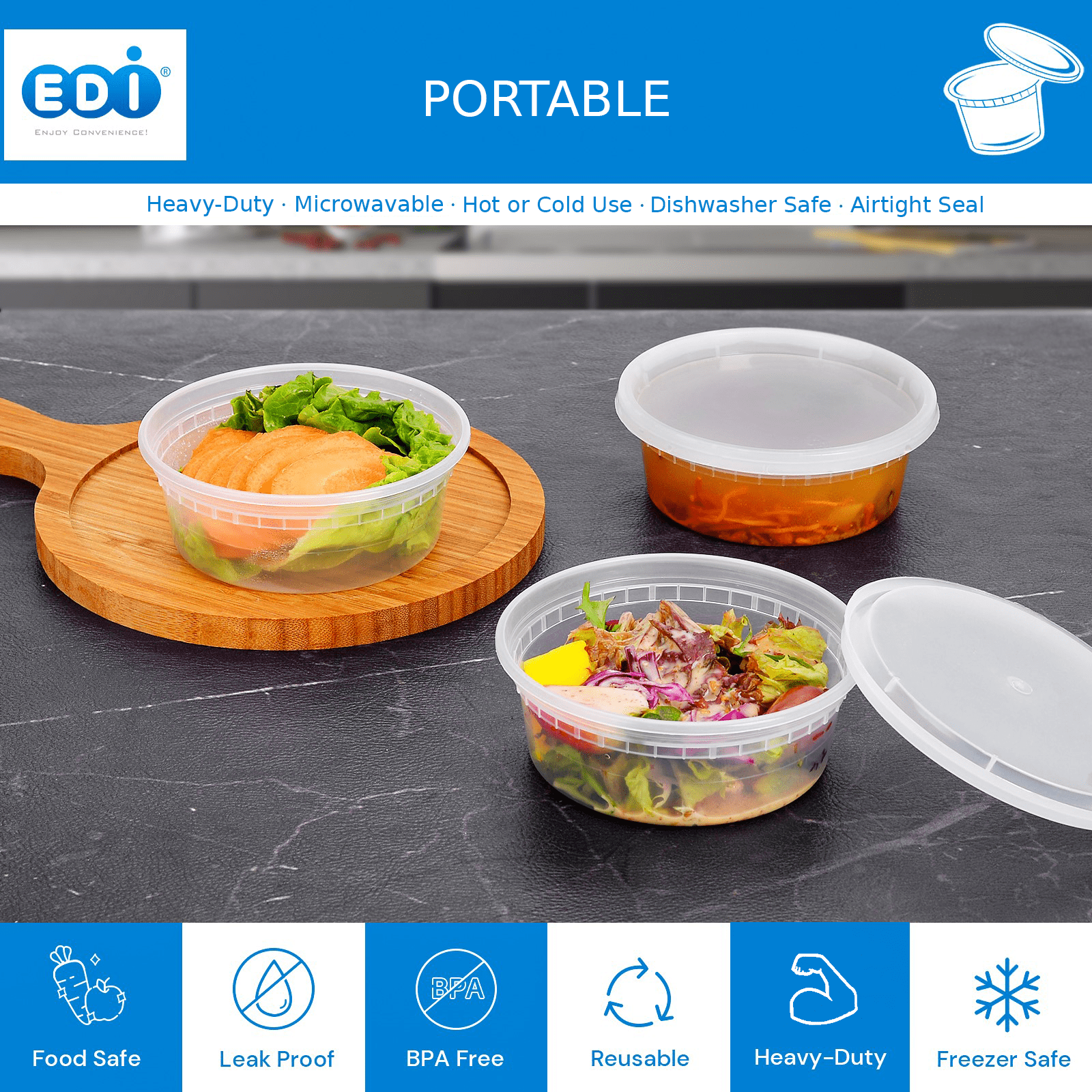[EDI-Round Deli Containers (8 oz, 25)] Plastic Deli Food Storage Containers with Airtight Lids | Microwave-, Freezer and Dishwasher-Safe | B - Image 3