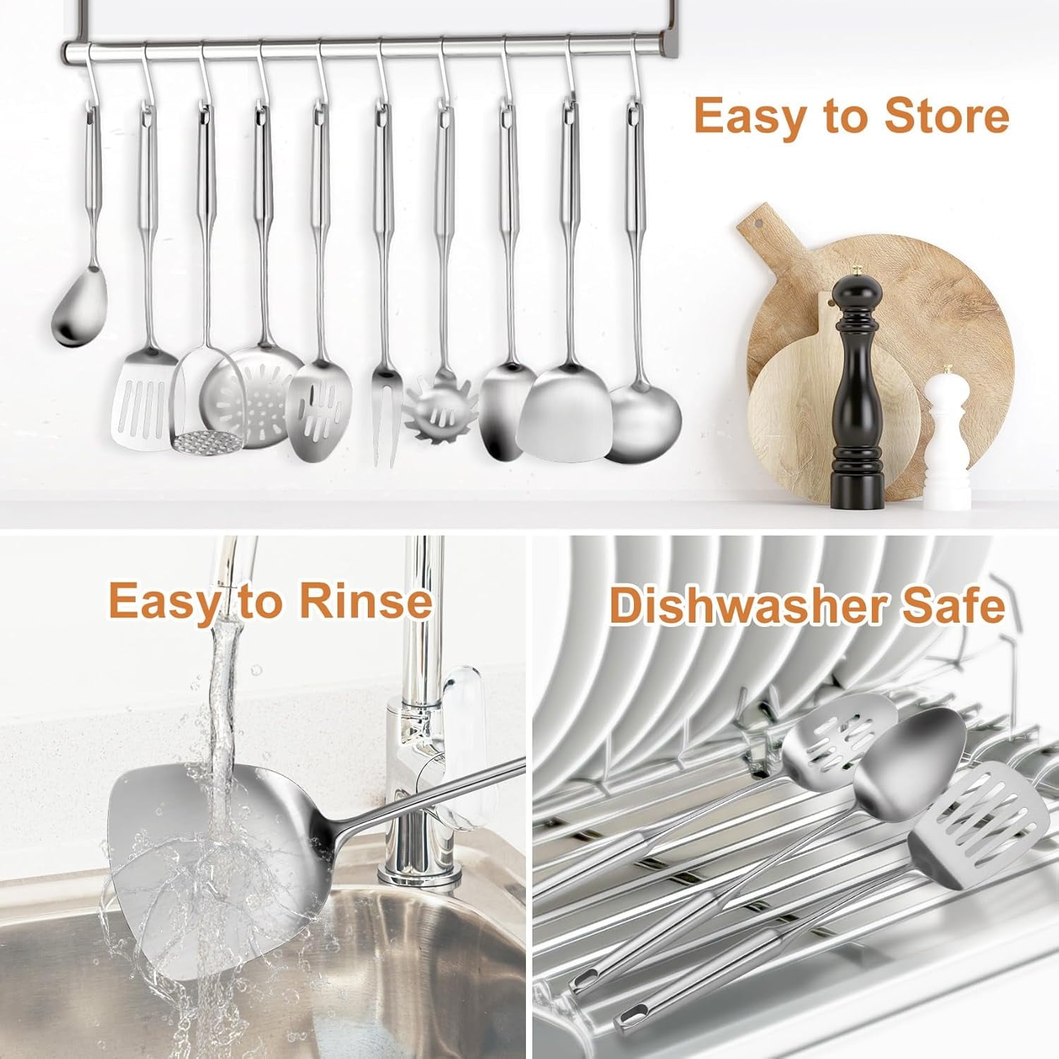 12-Piece Stainless Steel Cooking Utensils Set with Ergonomic Handles, Dishwasher Safe Metal Kitchen Tools for Home and Professional Use - Image 2