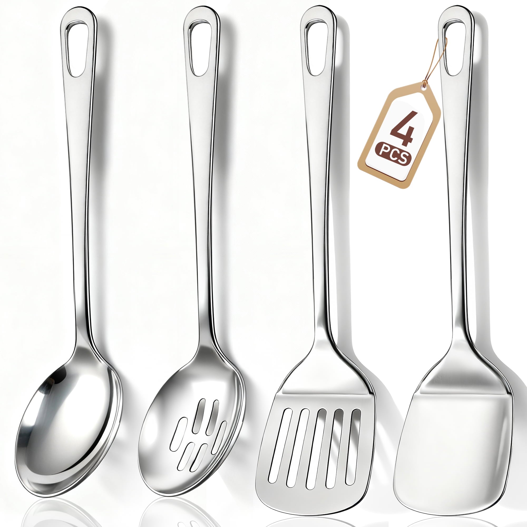4 Pcs Cooking Utensils Set, Stainless Steel Kitchen Utensils, Kitchen Tools Set Include Solid & Slotted Turner Wok Sp...