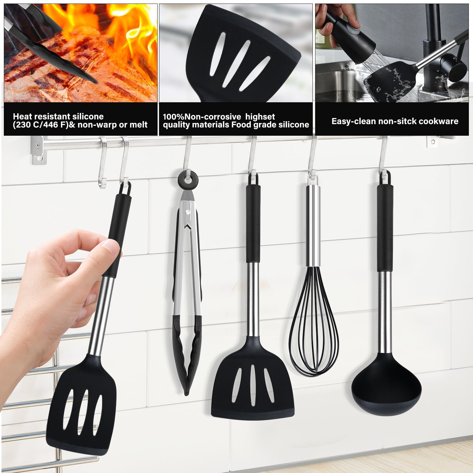 Silicone Cooking Utensils Set, 26 Pcs, Heat Resistant Kitchen Utensils Set, Black - Image 4