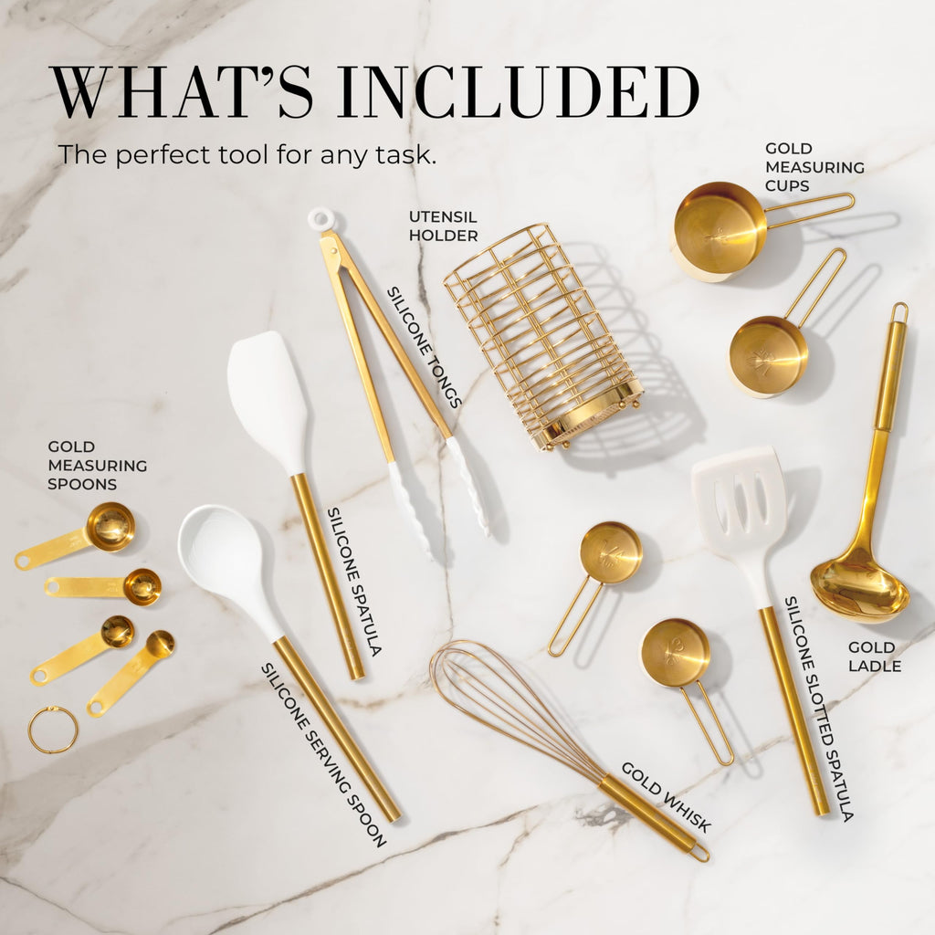 White and Gold Cooking Utensils Set with Holder - 15 PC Set Includes Gold and White Silicone Cooking Utensils Set, Go... - Image 2