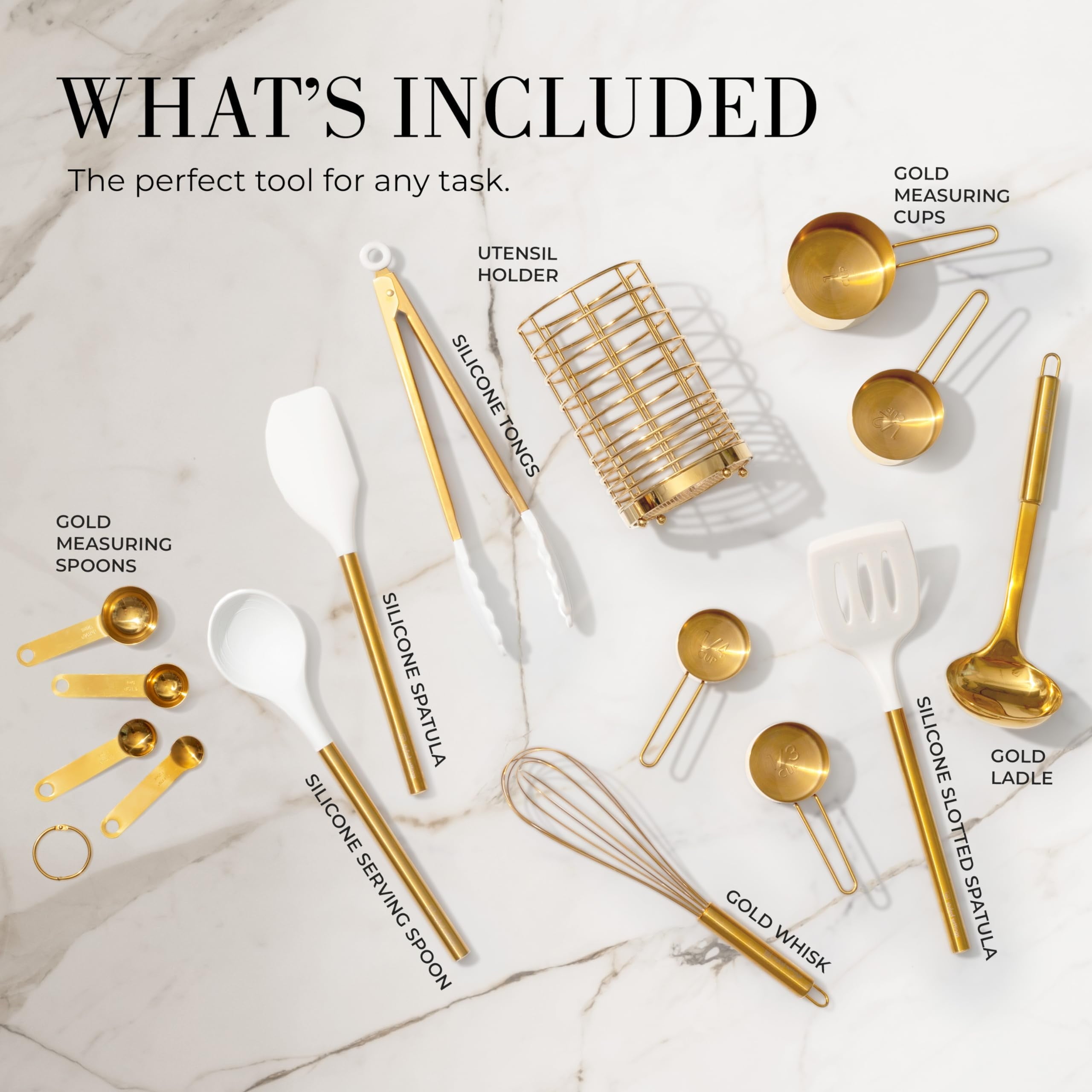White and Gold Cooking Utensils Set with Holder - 15 PC Set Includes Gold and White Silicone Cooking Utensils Set, Go... - Image 2