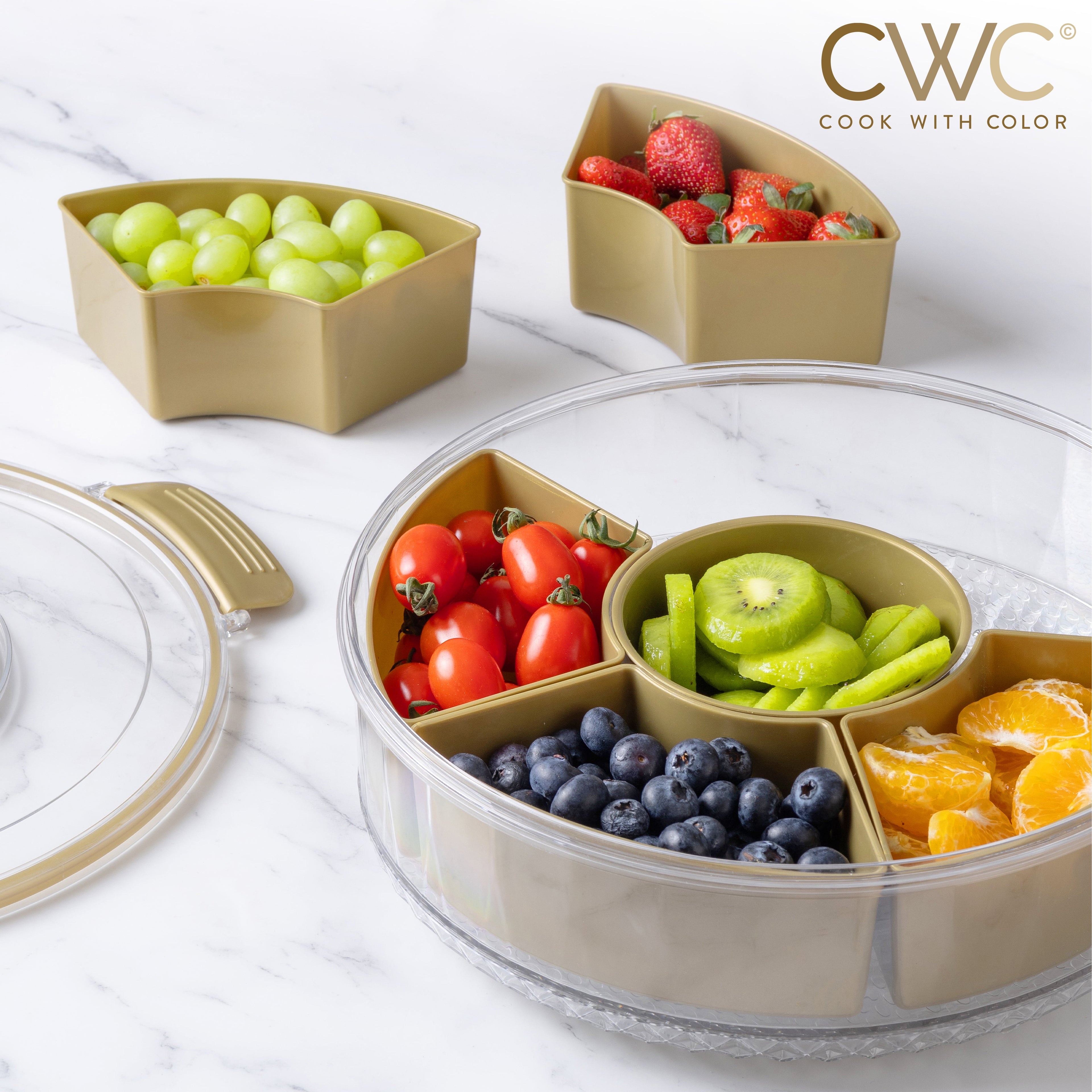 COOK WITH COLOR Round Snackle Box – 6-Compartment Serving Tray with Lid and Handle, Gold – Kids Lunch Box & Meal Prep Snack Container - Image 2