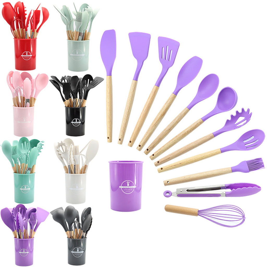 12Pcs Silicone Cooking Utensils Set Utensils with Silicone Tips, Wooden Handles, Countertop Holder Suitable for Cooki... - Image 6