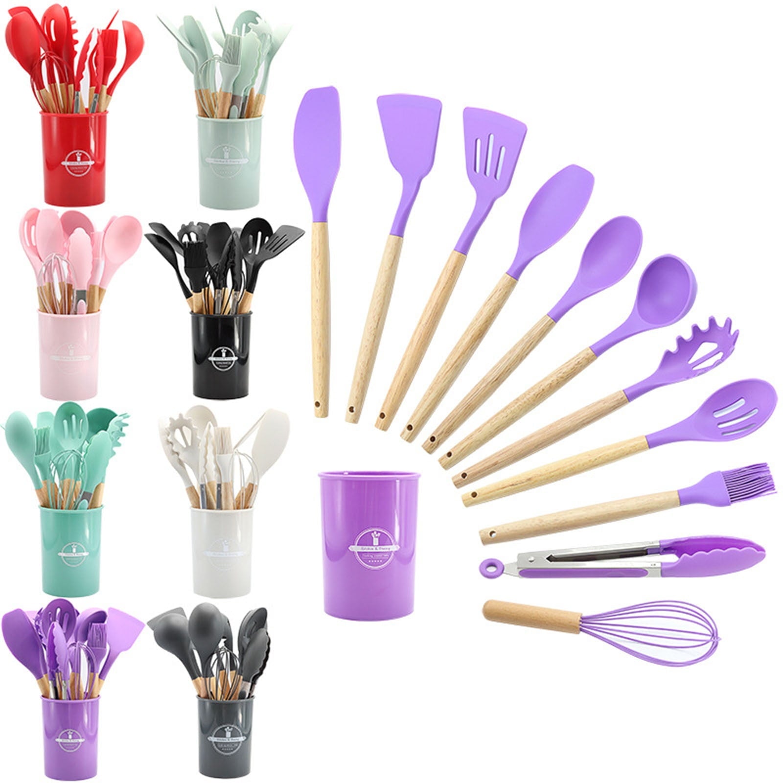 12Pcs Silicone Cooking Utensils Set Utensils with Silicone Tips, Wooden Handles, Countertop Holder Suitable for Cooki... - Image 6