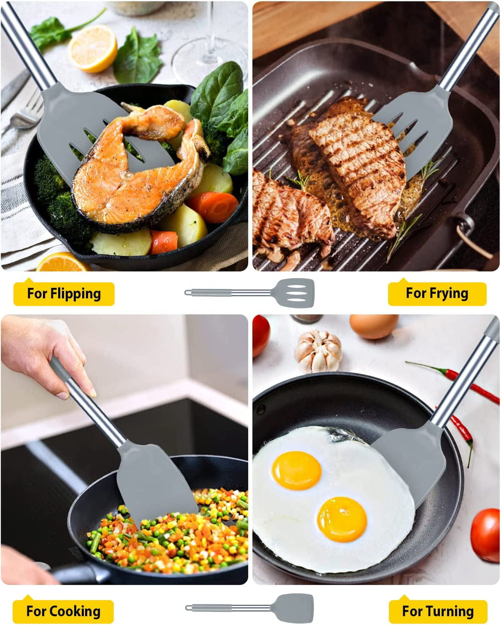 Pack of 2 Silicone Spatulas Turners, Non-Stick Slotted and Solid Kitchen Utensils, Gray - Image 2
