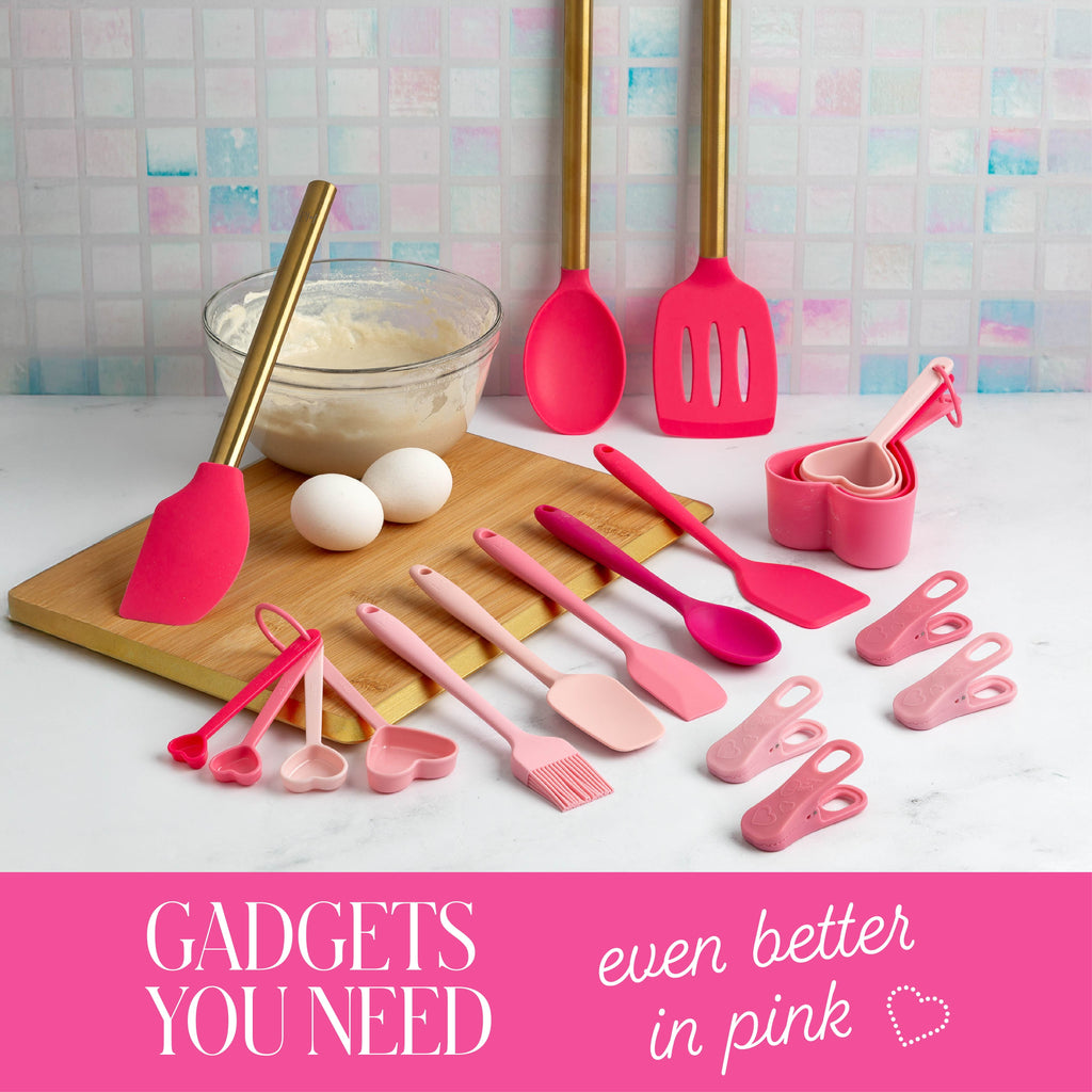 Paris Hilton 20-Piece Kitchen Gadget Set, Heart-Shaped Measuring Cups & Spoons, Silicone Tools & Bag Clips, Dishwasher Safe, Pink - Image 2
