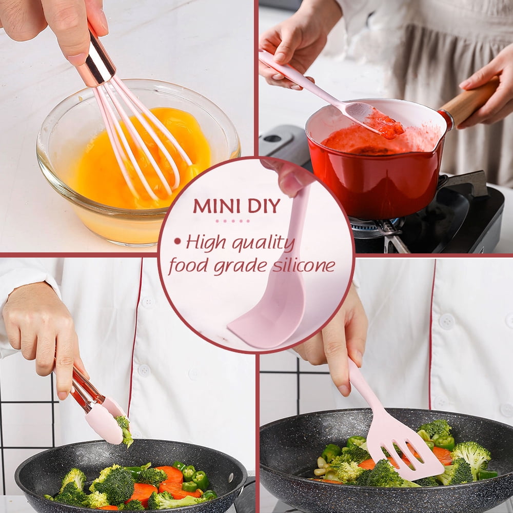 And Pink Kitchen Utensil Small Five-Piece Set Mini Silicone Kids Kitchen Tools Whisk Spatula Tongs Spoon And Slotted ... - Image 3