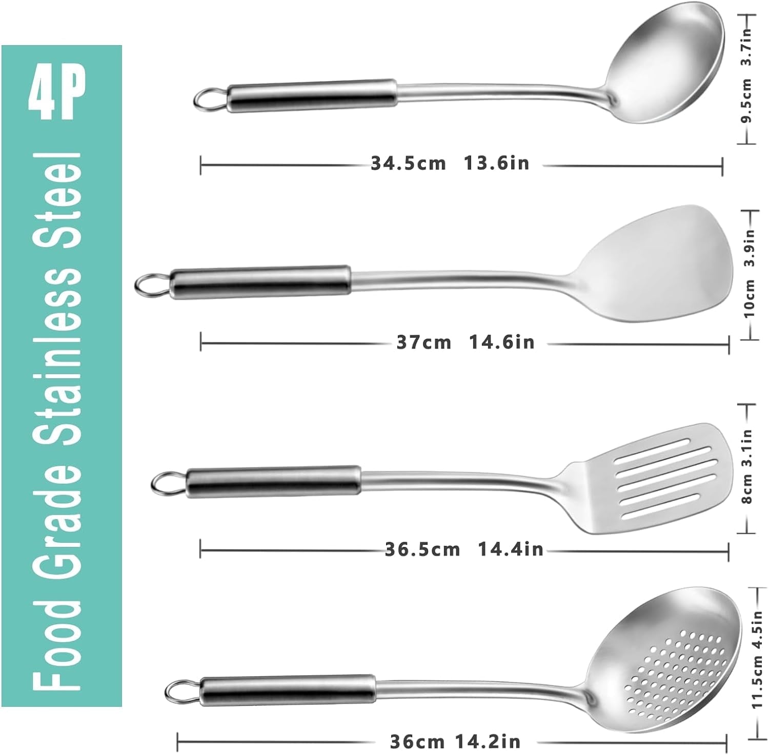 4 Pcs Cooking Utensils Set, 304 Stainless Steel Kitchen Utensils, Include Wok Ladle, Slotted Spoon, Wok Spatula and S... - Image 2