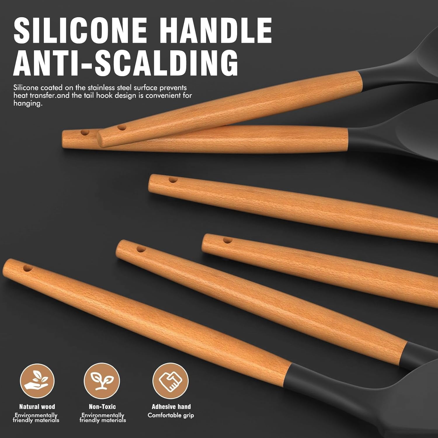 Silicone Cooking Utensils Set - Silicone Kitchen Utensils for Cooking Wooden Handles, Heat Resistant Kitchen Utensil ... - Image 2