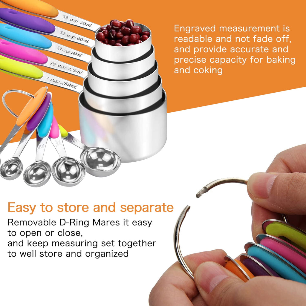 Howarmer Stainless Steel Measuring Cups and Spoons Set, 10 Piece Measuring Spoons and Cups with Soft Silicone Handles and Clearly Scale - Image 3