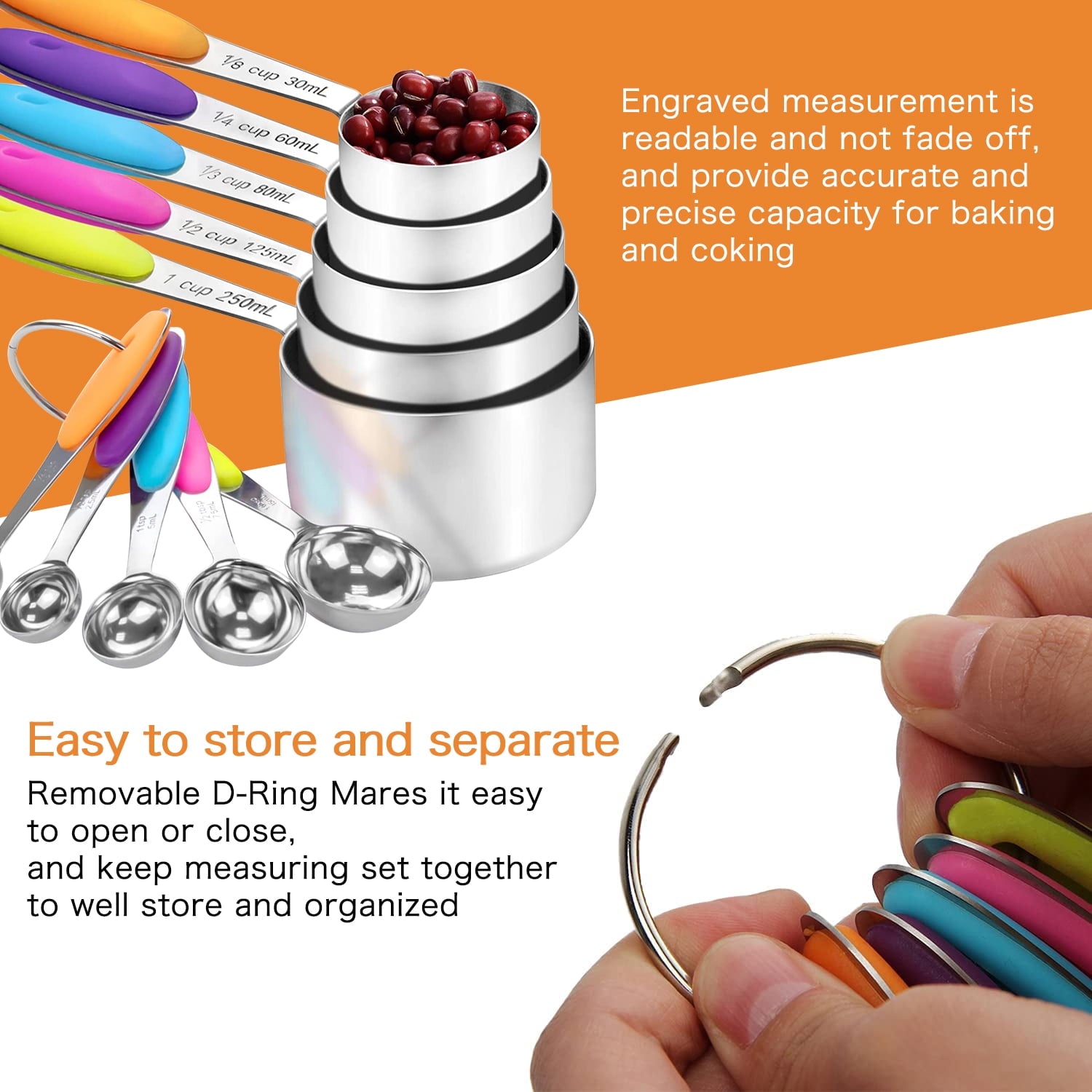 Howarmer Stainless Steel Measuring Cups and Spoons Set, 10 Piece Measuring Spoons and Cups with Soft Silicone Handles and Clearly Scale - Image 3