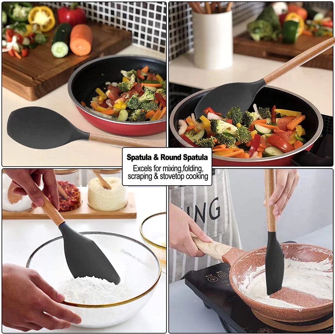 12 Pcs Silicone Cooking Utensil Set Wooden Handle Cooking Tools BPA Free Kitchen Gadgets with Holder(purple) - Image 2